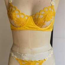 外贸新款网纱刺绣拼接花朵细带文胸、三角裤两件套