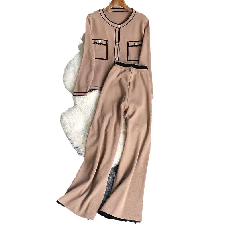 Damenbekleidung, modischer, lässiger Strickanzug für Herbst und Winter, langärmeliges Strickjackenoberteil, weite Hose, zweiteiliges Strickset für Damen_voghion.com