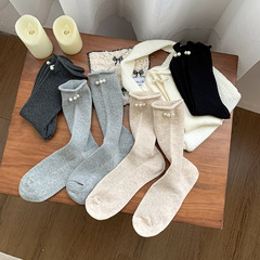 秋冬日系襪子女中筒鬆口卷邊女襪批發JK潮流珍珠飾品襪堆堆襪棉