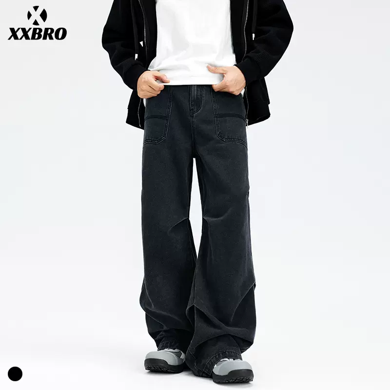 xxbro男装#2024秋冬新款美式潮牌伞兵拼接百搭直筒裤黑色牛仔裤男