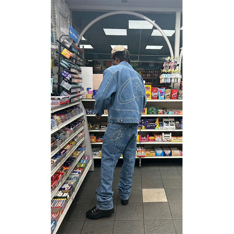 Special Offer! Popular American Retro Hip-Hop Embroidered Star Light Blue Jeans for Men, Trendy Loose Straight Long Pants