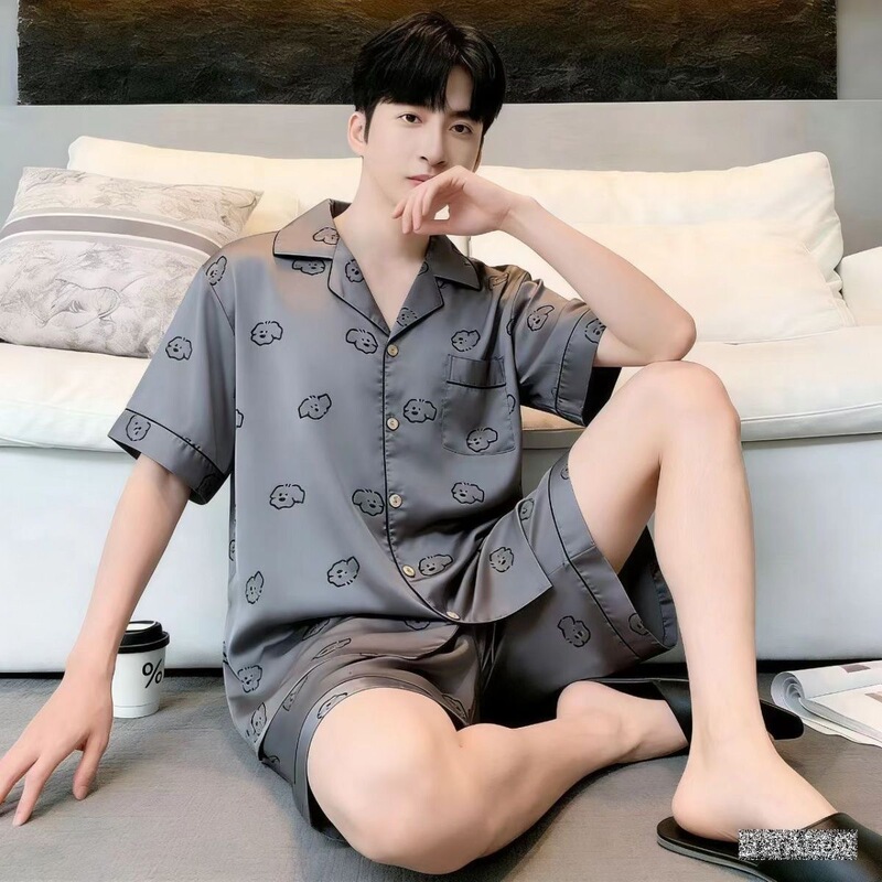 New Fashionable Men's Pajamas, Short-Sleeved Shorts, Casual Suits, Cardigans That Can Be Worn Outside, Home Clothes, Loose-Fitting, Cool-Feeling, Lapel-Style