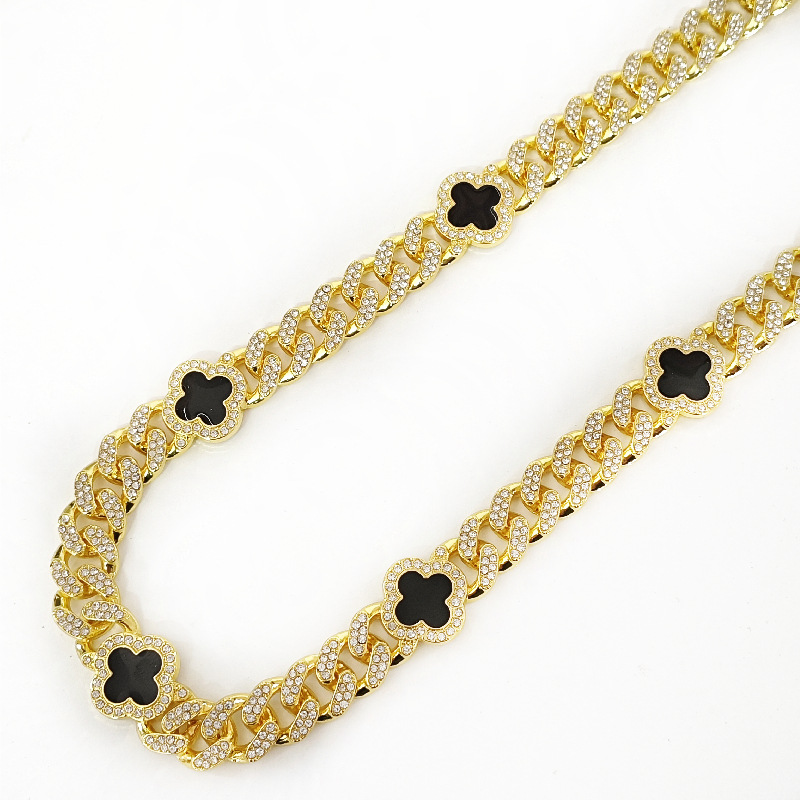 厂家直销特价高品质爆款龙须扣13mm古巴链四叶草黑色嘻哈项链