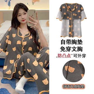 夏季薄款带胸垫睡衣女开衫翻领短袖长裤甜美可爱风新款家居服套装