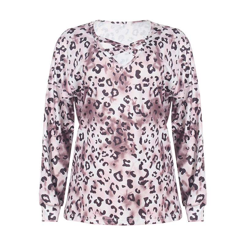 leopard print long-sleeved V-neck T-shirt nihaostyles clothing wholesale NSZH83680