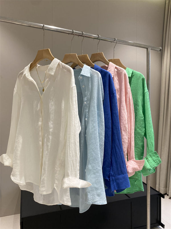 French-Style White Linen Shirt for Women, Spring and Summer Thin Loose-Fitting Elegant Old Money Style High-End Cotton-Linen Sun-Protective Top