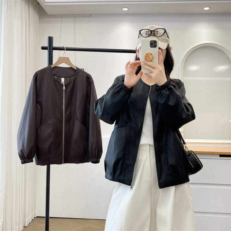 Plus-size women's clothing, loose-fitting and slimming round-neck soft leather zipper jacket, versatile autumn retro top NY003
