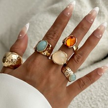 欧美跨境叠戴ins风宝石异形珍珠戒指套装女敲打纹开口宽指环手饰