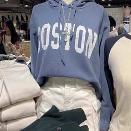 BM风美式秋冬新款Boston字母印花连帽卫衣bm辣妹高腰短上衣外套女