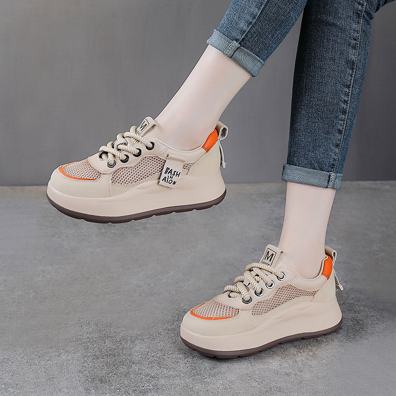 Giày sneaker nữ đế dày da bò lưới thoáng khí phong cách thể thao — Màu be