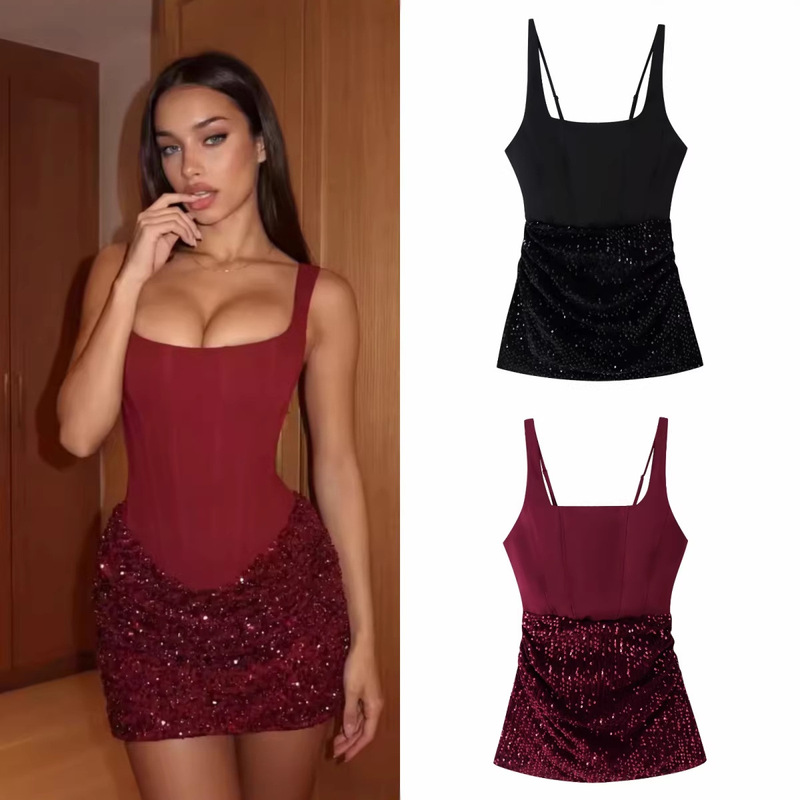 Z Brand Foreign Trade Cross-Border European and American Style Women's Clothing 2026 Spring New Sequin Patchwork Strapless Short Dress Z Brand Foreign Trade Cross-Border European and American Style Women's Clothing 2026 Spring New Sequin Patchwork Strapless Short Dress