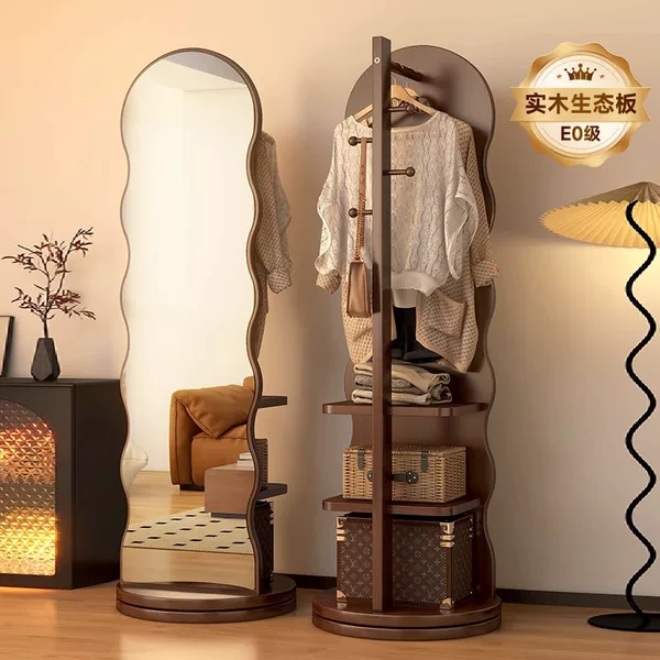 Solid Wood Arched Wave-Shaped Full-Length Mirror, Rotatable and Movable Floor Mirror, Home-Use Integrated Coat Rack and Dressing Mirror