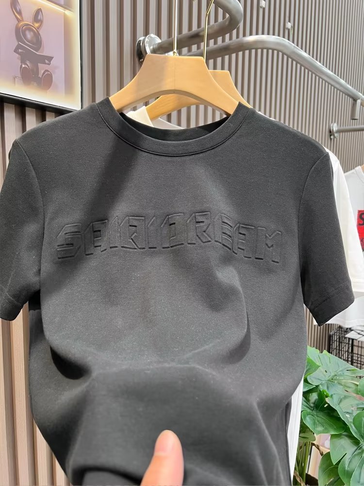T-shirt jeune col rond, Instagram quotidien, marque tendance lettres et chiffres, texte d'été, manches 5/4, standard pour hommes_voghion.com