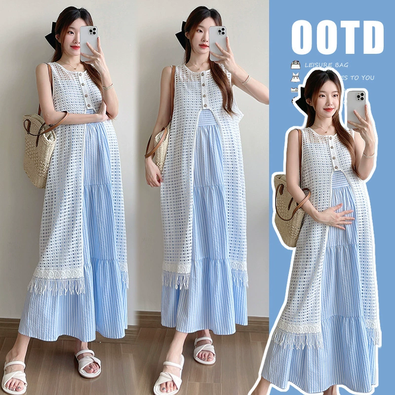 Пятно ~ Синяя полосатая юбка-подтяжка с полой блузкой простой набор темперамента из двух частей