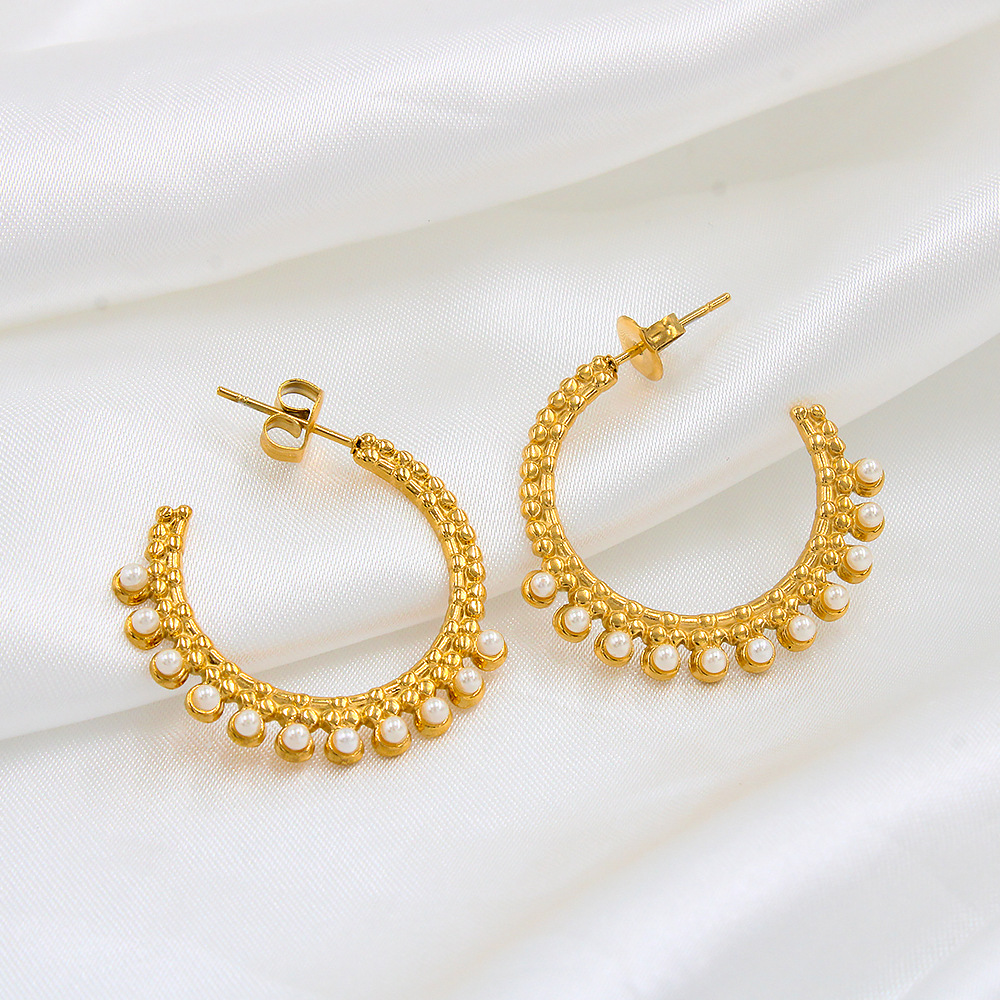 Retro Geometric Titanium Steel Artificial Pearls Ear Studs 1 Pair