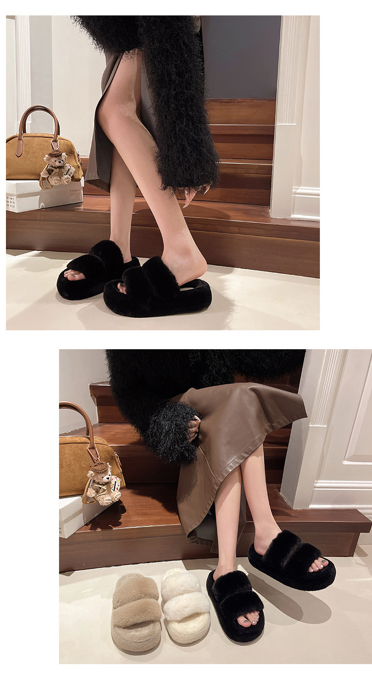 Open Toed Hairy Slippers For Women In Autumn And Winter, New Style For Outdoor Wear, Warm And Thick Soled, Double Straps, Outdoor Cotton Slippers_vogvips.com