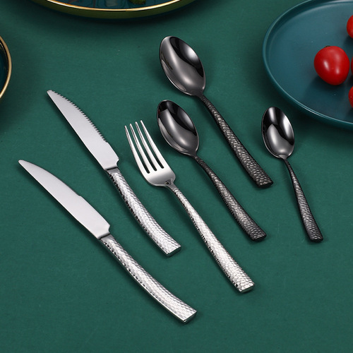 304 Stainless Steel Cutlery Set Square Handle Hammered Pattern Knife Fork Spoon Set Steak Knife Fork Western Dinner Spoon Gift Box