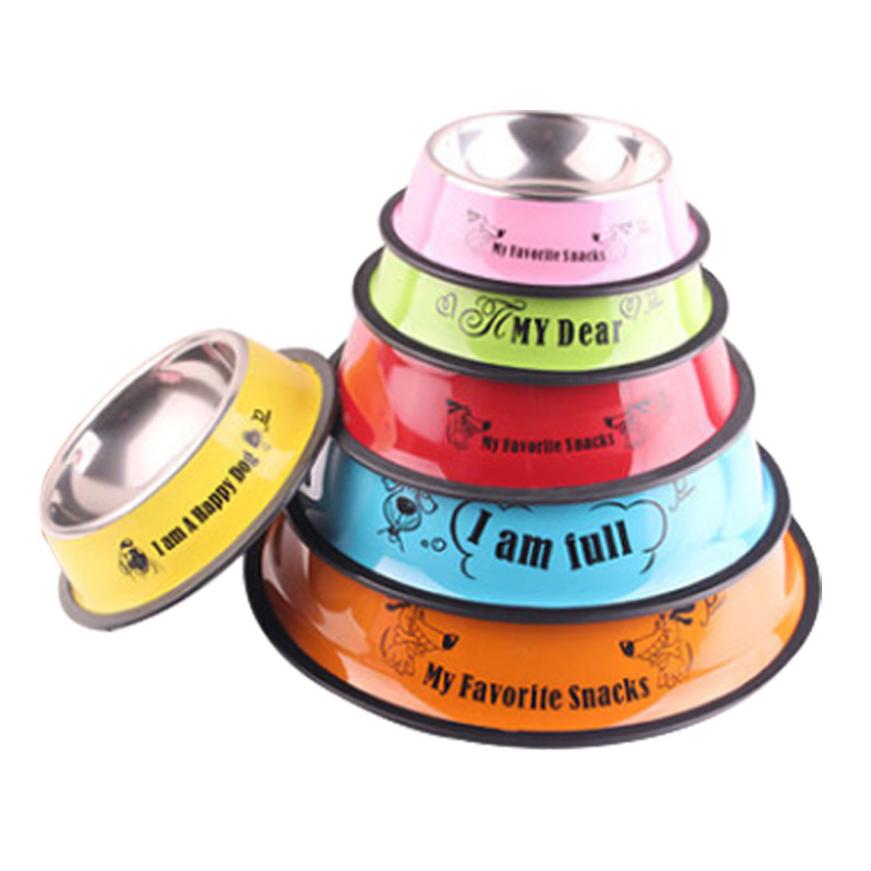 Tazón para mascotas de acero inoxidable de color Tazón para perros de dibujos animados Tazón para gatos Tazón para gatos Pintura para hornear Accesorios para perros Fabricantes de suministros para mascotas al por mayor