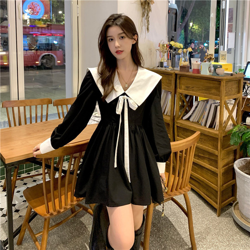 Sweet and Age-Defying Babydoll Neckline Dress for Women, Autumn French Belted Corseted Slimming Mini Skirt for Petite Figures