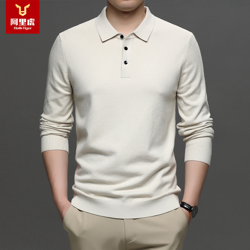 Alihu Men's Spring and Autumn New Arrival Ready Stock Lapel No-Iron Treatment Long Sleeve Business Men's Knitwear Men's Sweater