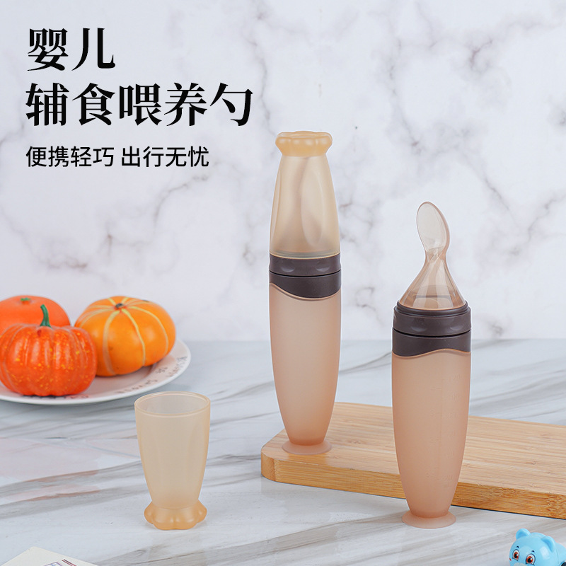 Baby Rice Cereal Spoon Food Grade Liquid Silicone Squeeze Nano Color Suction Cup Rice Cereal Bottle Feeding Supplement Spoon Wholesale
