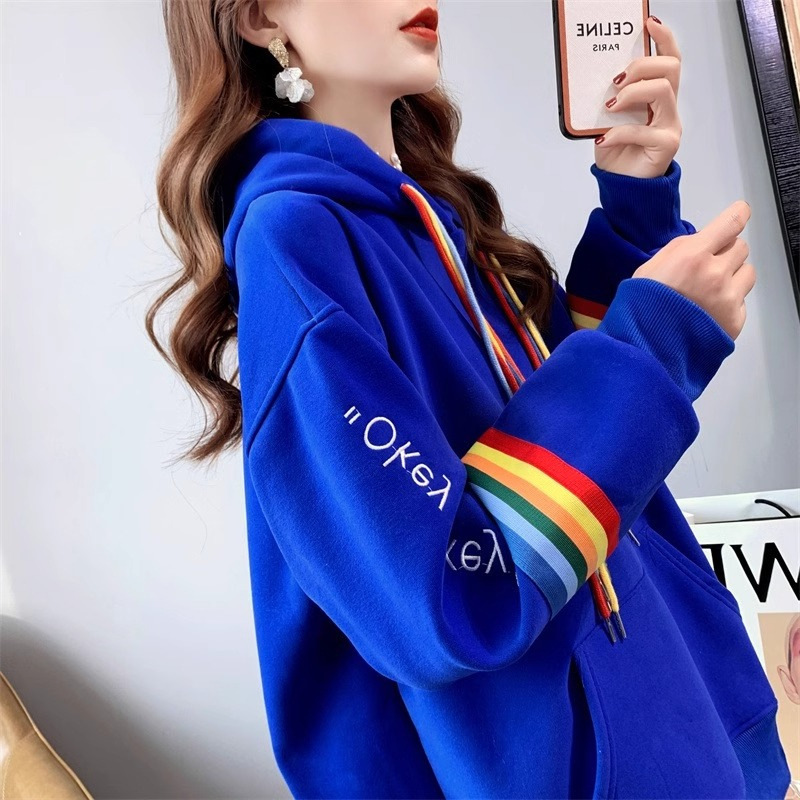 Spring and Autumn Thin Lazy Style Stitching Rainbow Strip Hooded Sweatshirt Trendy