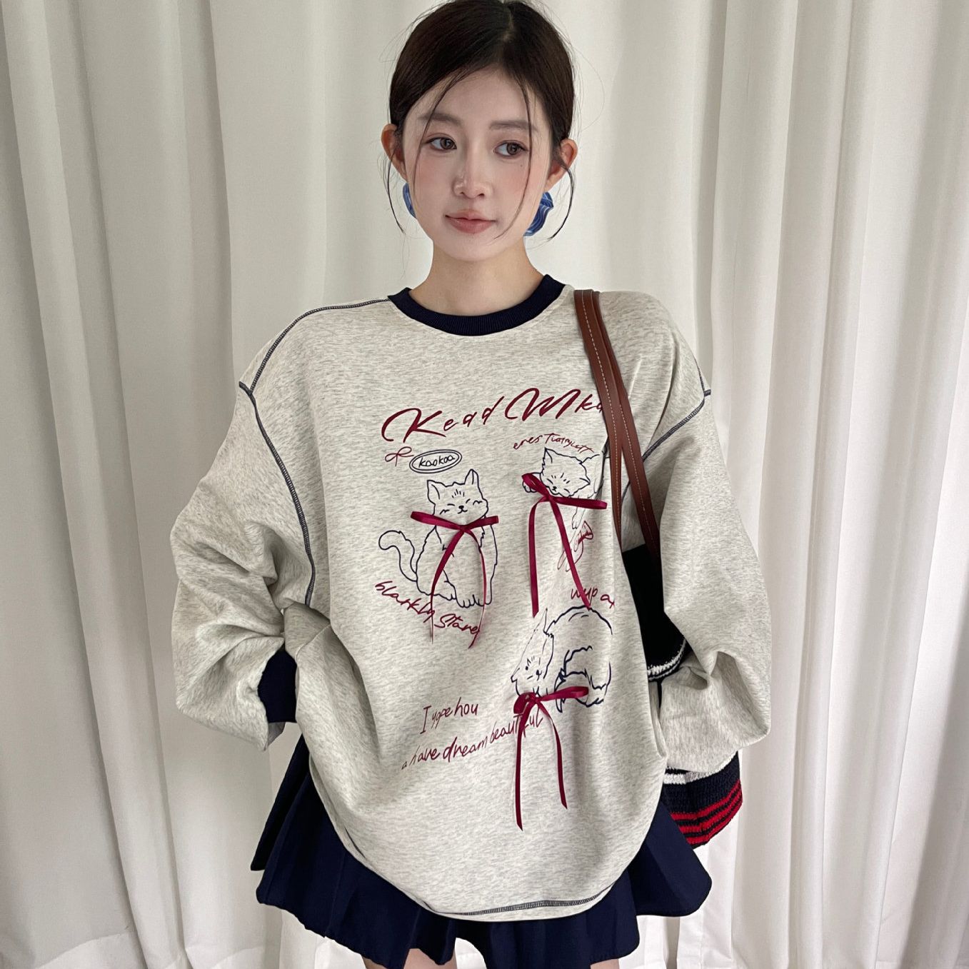 Cartoon Cat Print Bow Long-sleeved Sweatshirt Women's Autumn New Design Color-contrast Lazy-style Loose Top