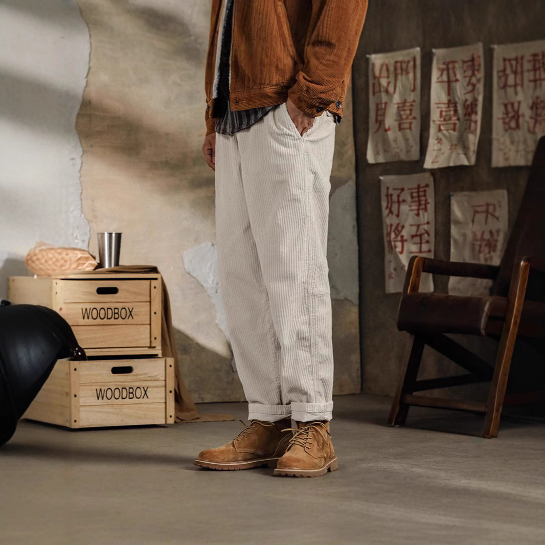 Tik Tok Blaze American Vintage Casual Pantalón de pana Ami Kaji japonés para hombre suelto de terciopelo blanco