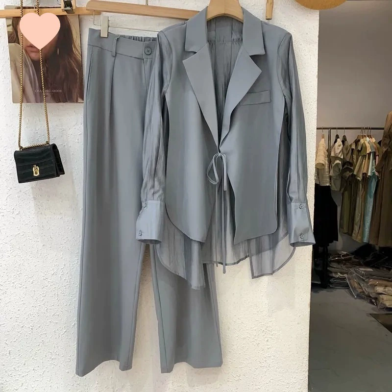 Женский летний шифоновый комплект из двух предметов: жакет с имитацией двух частей и брюки с высокой талией и широкими штанинами, комплект для защиты от солнца