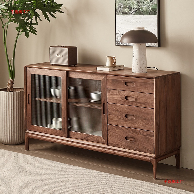 Modern Simple Black Walnut Sideboard Kitchen Side Cabinet Nordic Storage Cabinet All Solid Wood Tea Cabinet Storage Home