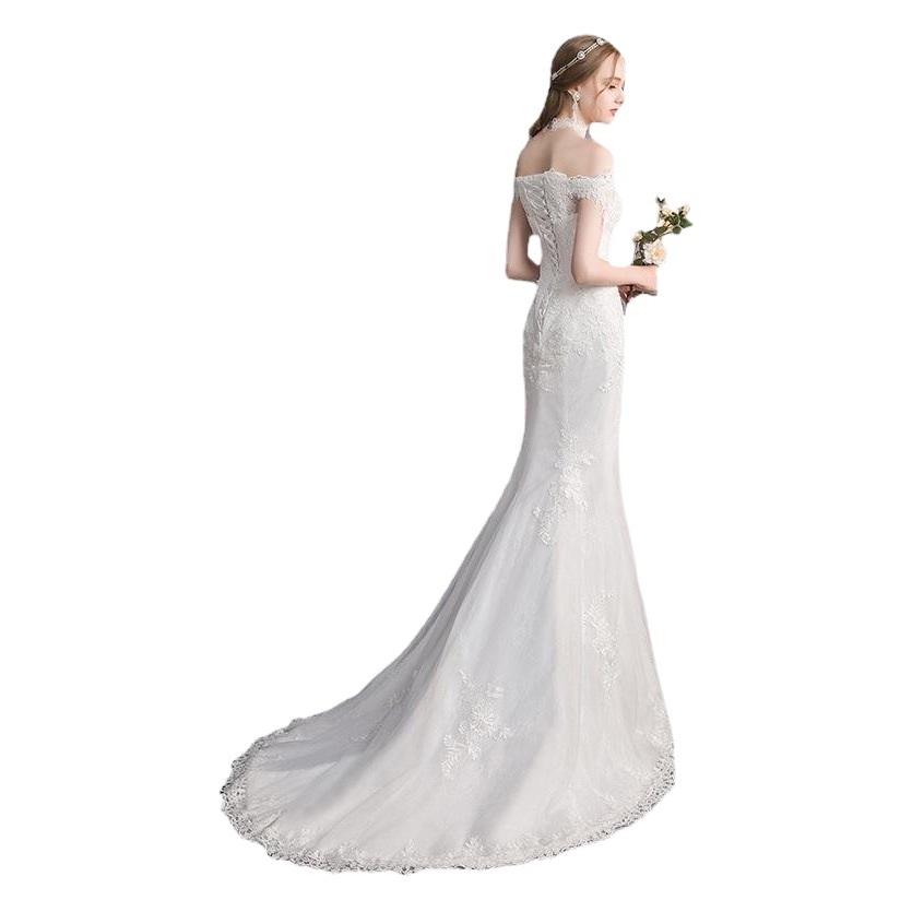 Vestido de novia ligero de cola de pez fuera del hombro 2024 nuevo banquete de verano pequeño desfile de pasarela de arrastre traje reunión anual vestido de anfitrión