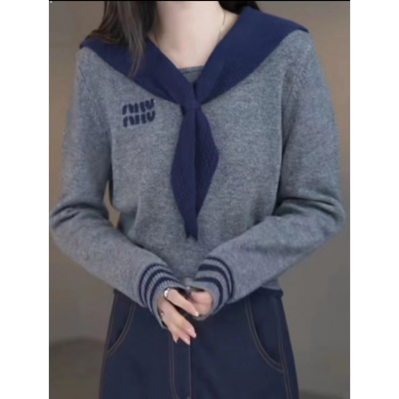 Navy collar fake two-piece sweater women's 2024 autumn and winter new college style long sleeve all-match age-reducing top trendy Navy collar fake two-piece sweater women's 2024 autumn and winter new college style long sleeve all-match age-reducing top trendy