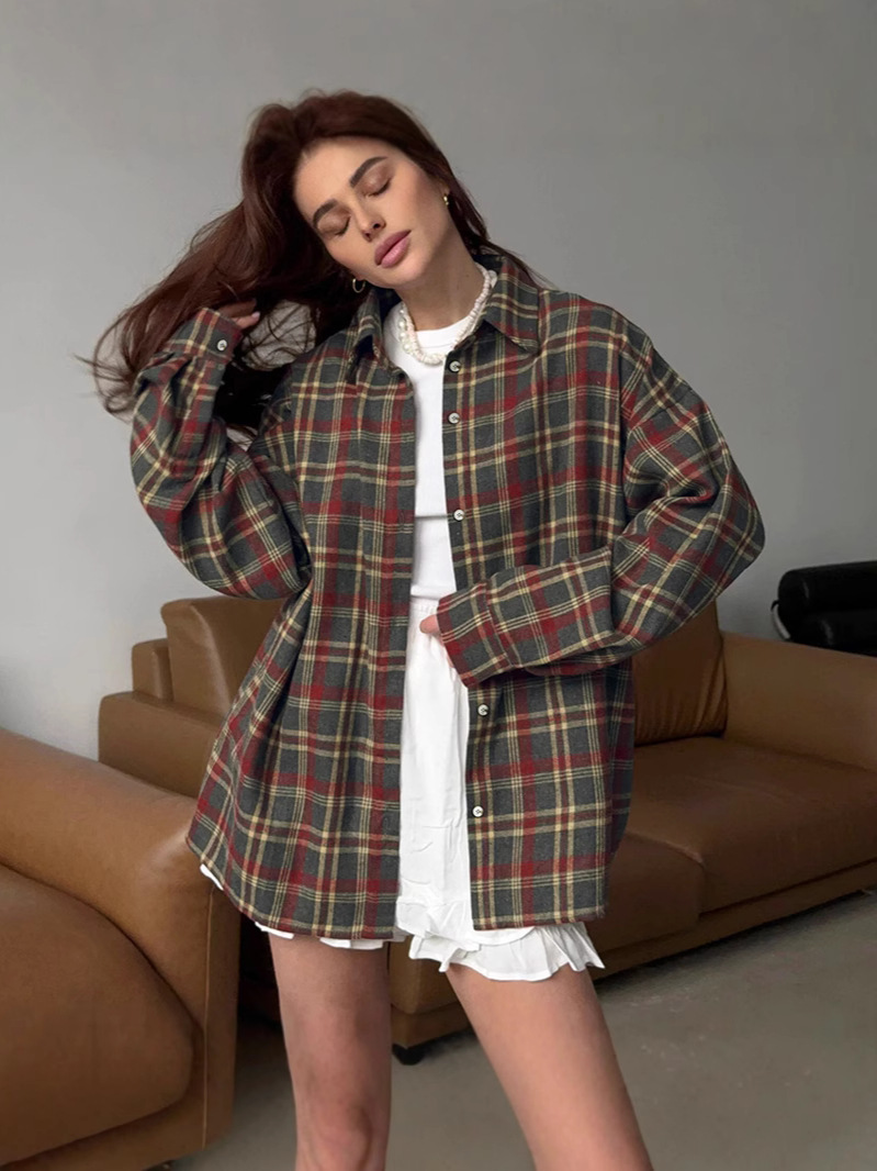 Summer New Plaid Retro Style Versatile Casual Lapel Long-Sleeved Cardigan Shirt European and American Polyester-Cotton Export Shirt for Women