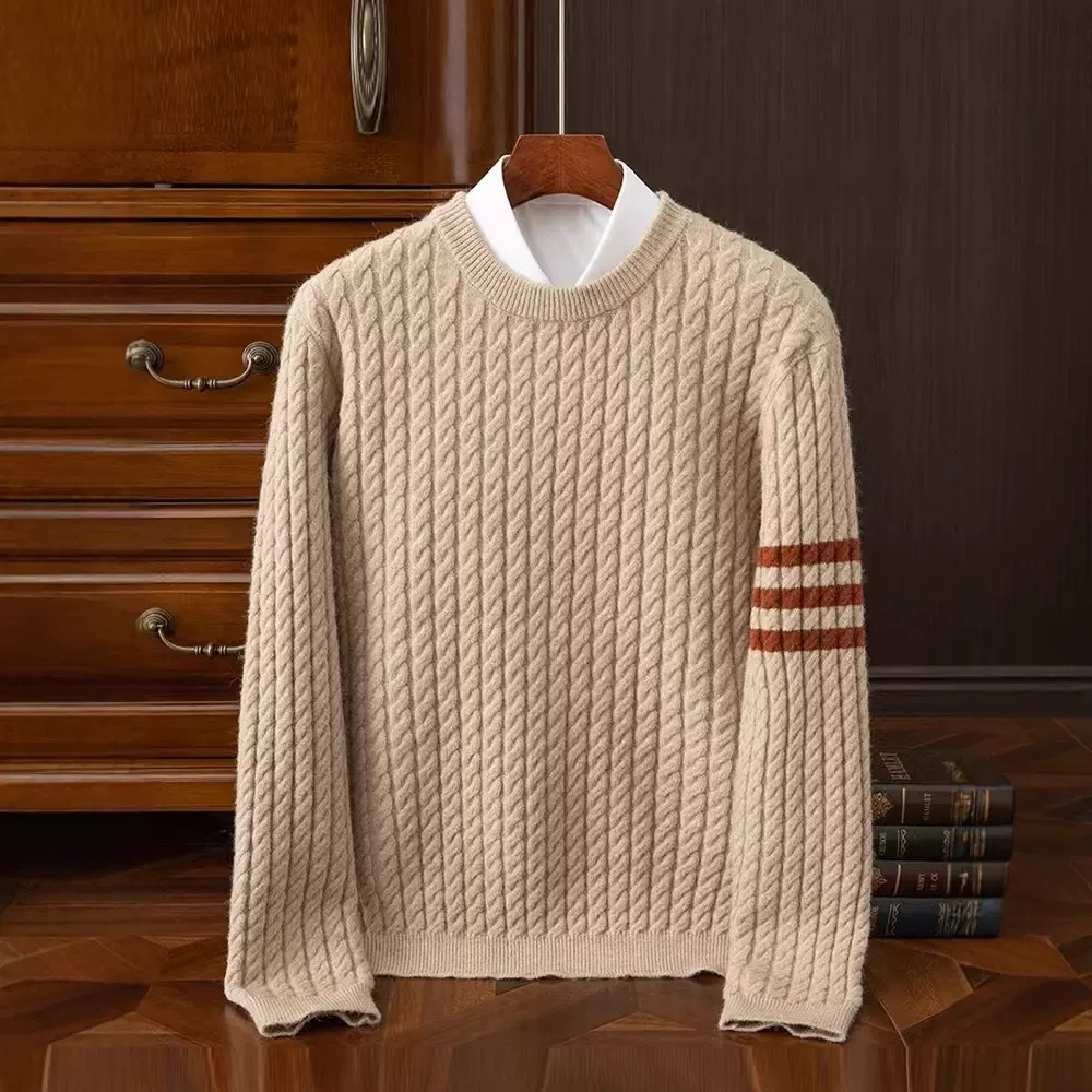 新款针织衫男士圆领宽松加厚麻花精仿羊毛衫上衣商务休闲打底毛衣