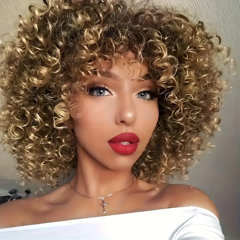 Elegant Curly Wavy Wig for Women, Synthetic Mixed Color Blonde Afro Wig with Bangs