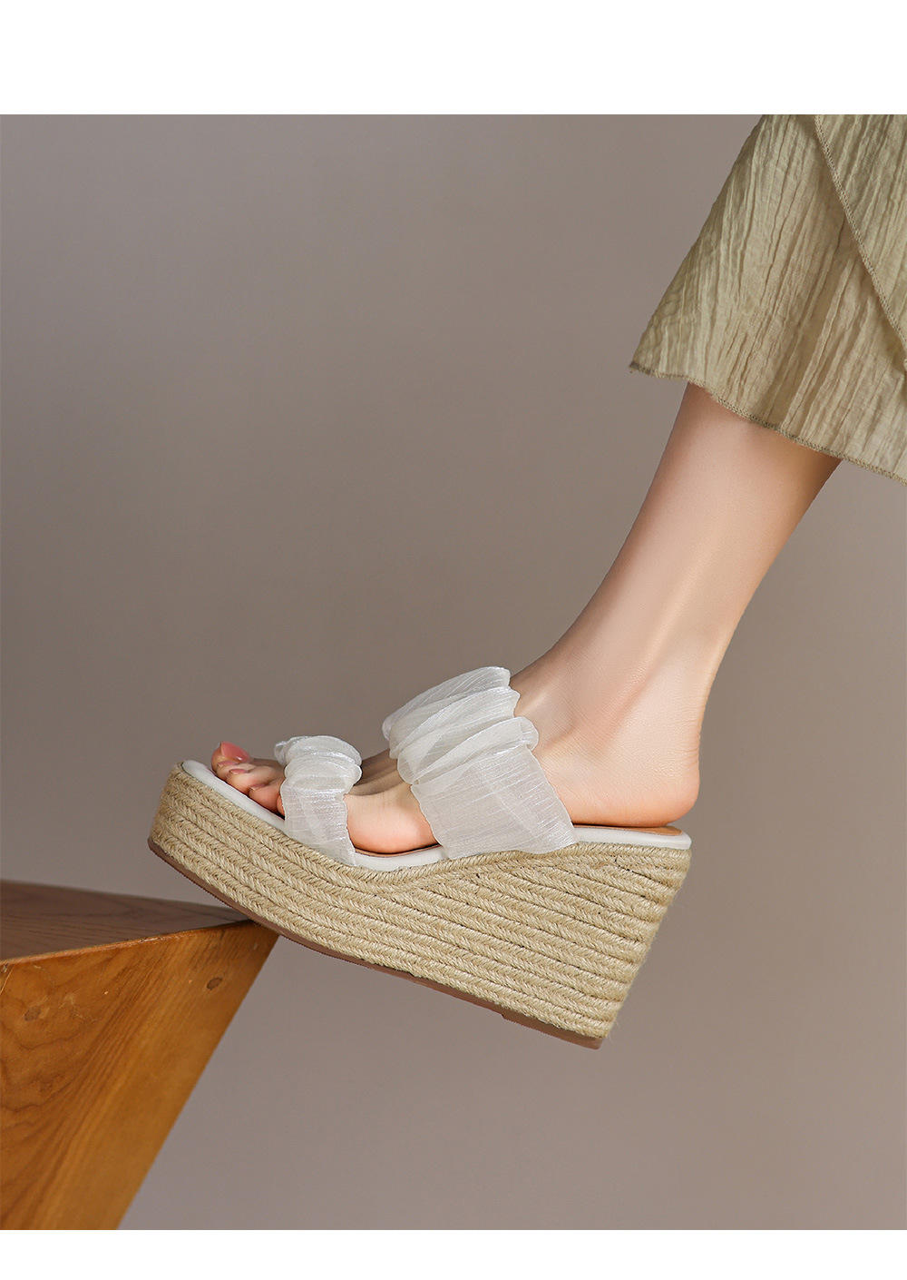 Sandal hở mũi cao gót 10cm quai ngang satin đế độn cao mới hè 2025 — Màu xanh lam nhạt, Màu hồng, Màu trắng be chi tiết 5