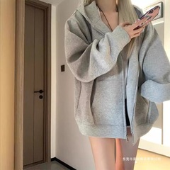 韩系慵懒风灰色连帽卫衣女秋冬加绒加厚慵懒宽松开衫拉链外套上衣