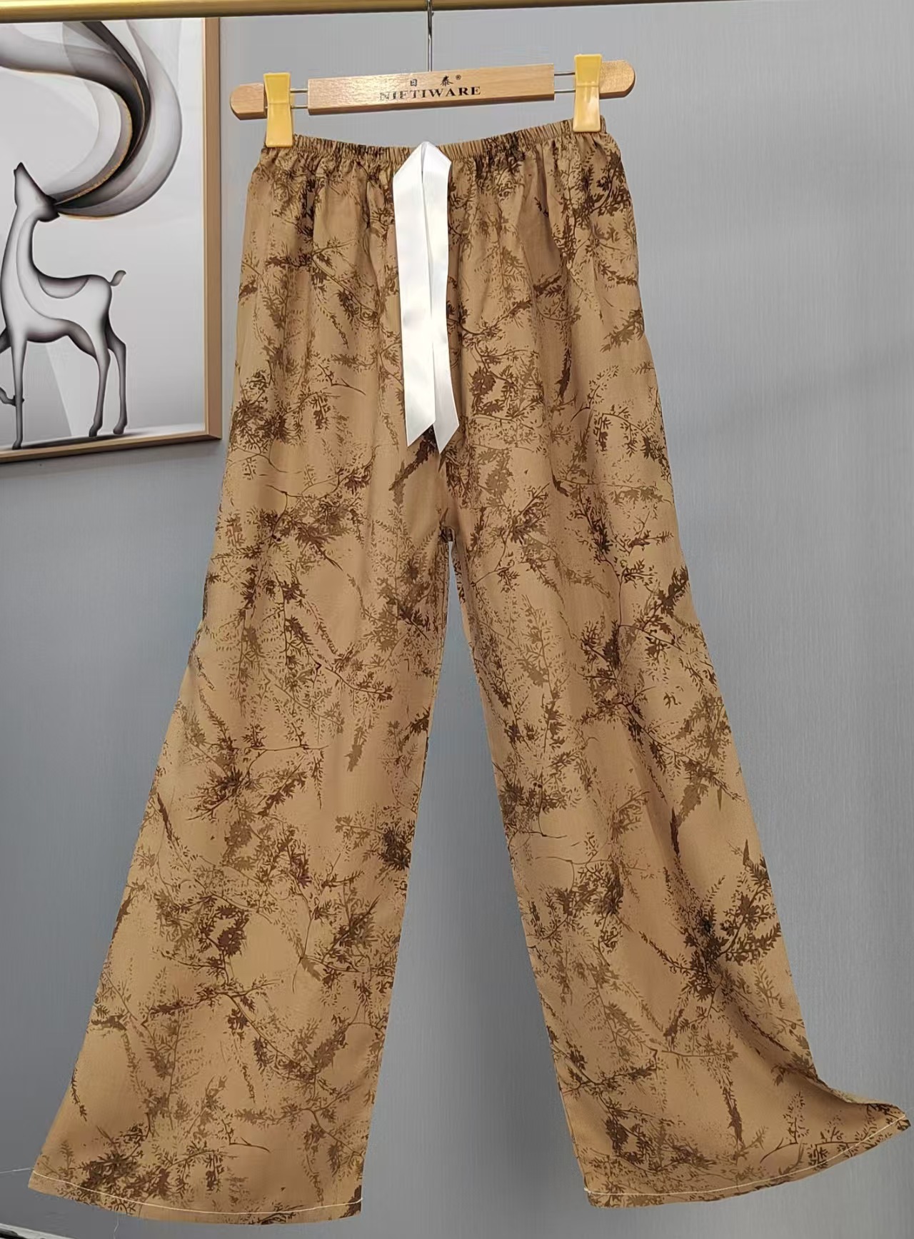 Pijama de seda de algodón para mujer, pantalones anchos de mujer embarazada de seda de algodón con estampado fino de verano