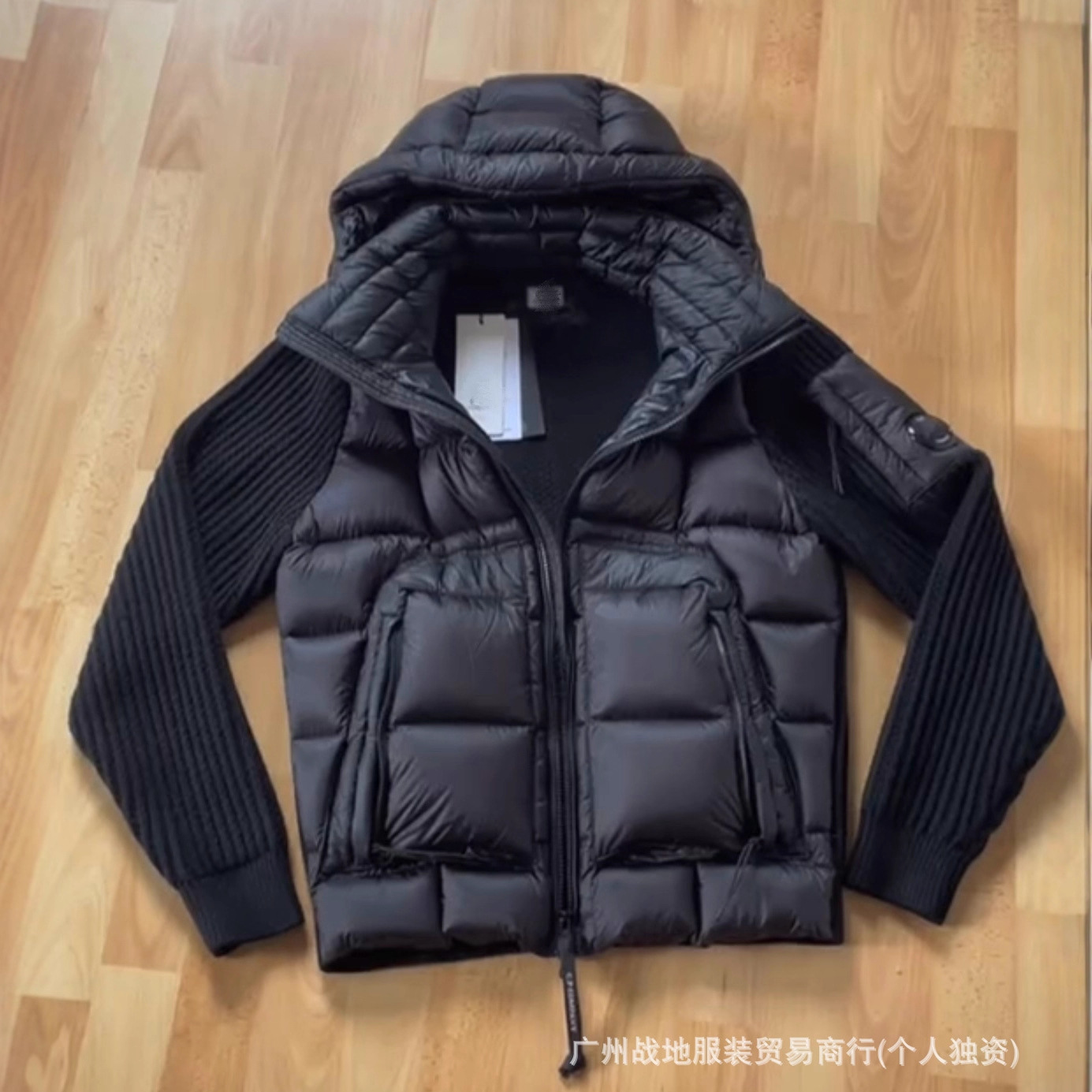 跨境C.P新款针织拼接羊毛男士潮牌羽绒服连帽拉链白鸭绒加厚外套