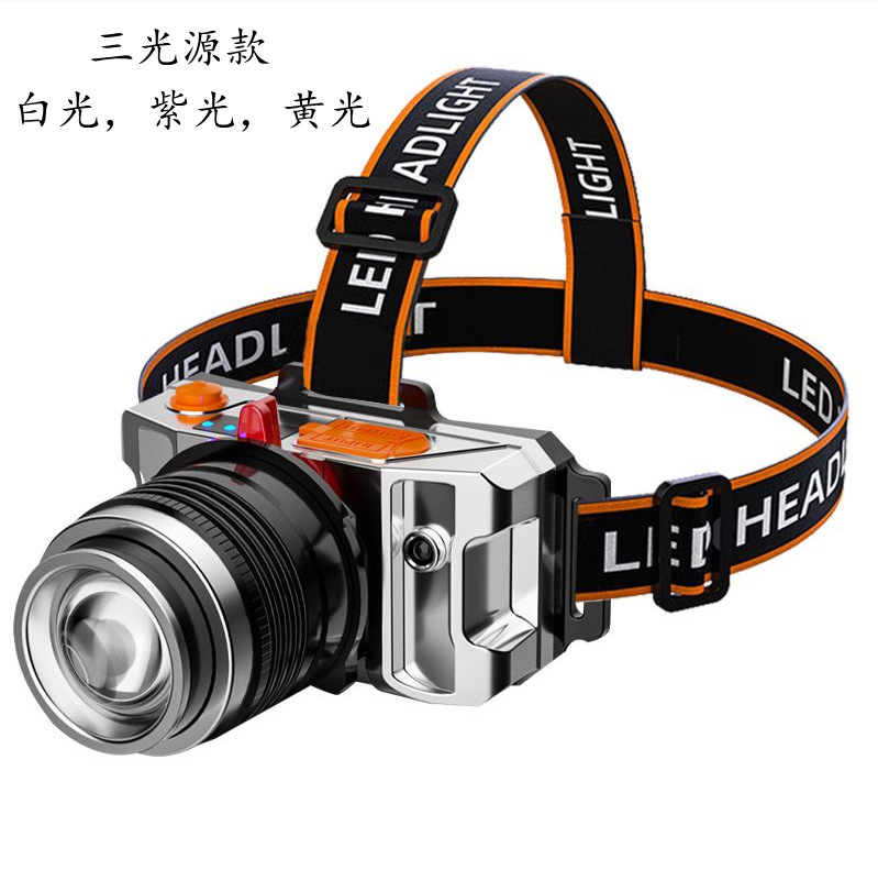 Luz de cabeza al aire libre alta luz de largo alcance USB carga zoom LED auricular tricolor atenuación inductiva luz blanca luz amarilla luz azul