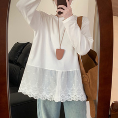 拼接寬鬆開叉花邊白t恤女2025春秋新款韓版百搭休閒顯瘦上衣內搭