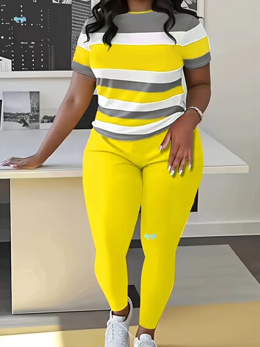 Comfortable to Wear Women's Large Size Striped Two piece