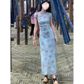 凌西茜水韵蓝笺新中式植绒旗袍女春夏罩衫吊带明媚漂亮连衣裙