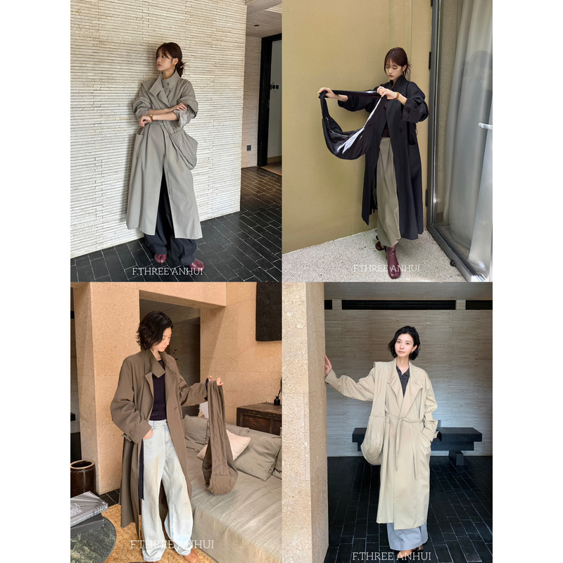F.THREE三姐妹-计感复古摩登廓形长款外套风衣(配腰带,包包)99063|undefined