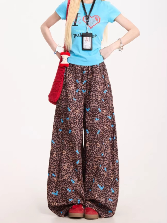 Hip-Hop Retro Star-Printed Leopard Print Wide-Leg Pants for Women, Spring and Autumn Lazy Style Casual Fashion Loose Long Pants