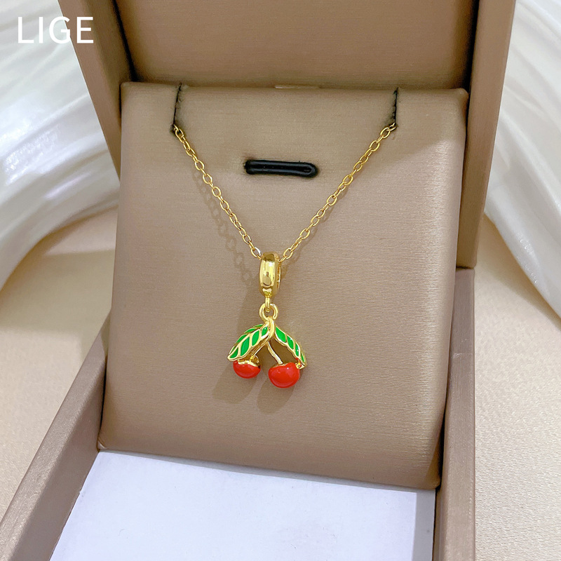 Gorgeous Green Leaf Cherry Pendant Necklace In Titanium Steel_voghion.com
