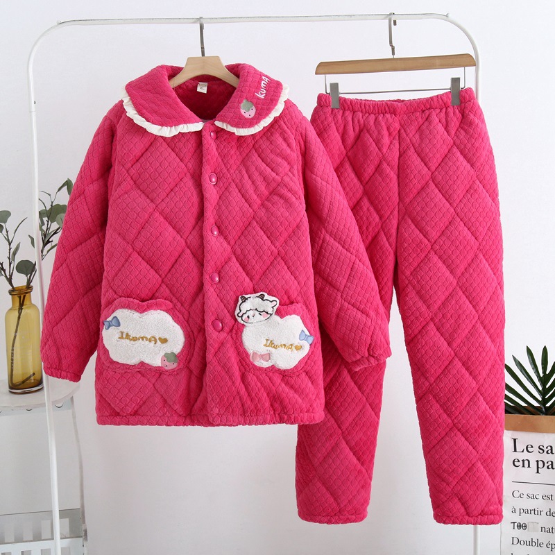 パジャマ女性冬のサンゴのベルベットの三層の厚いベルベット保温綿フランネル春秋冬の家庭服