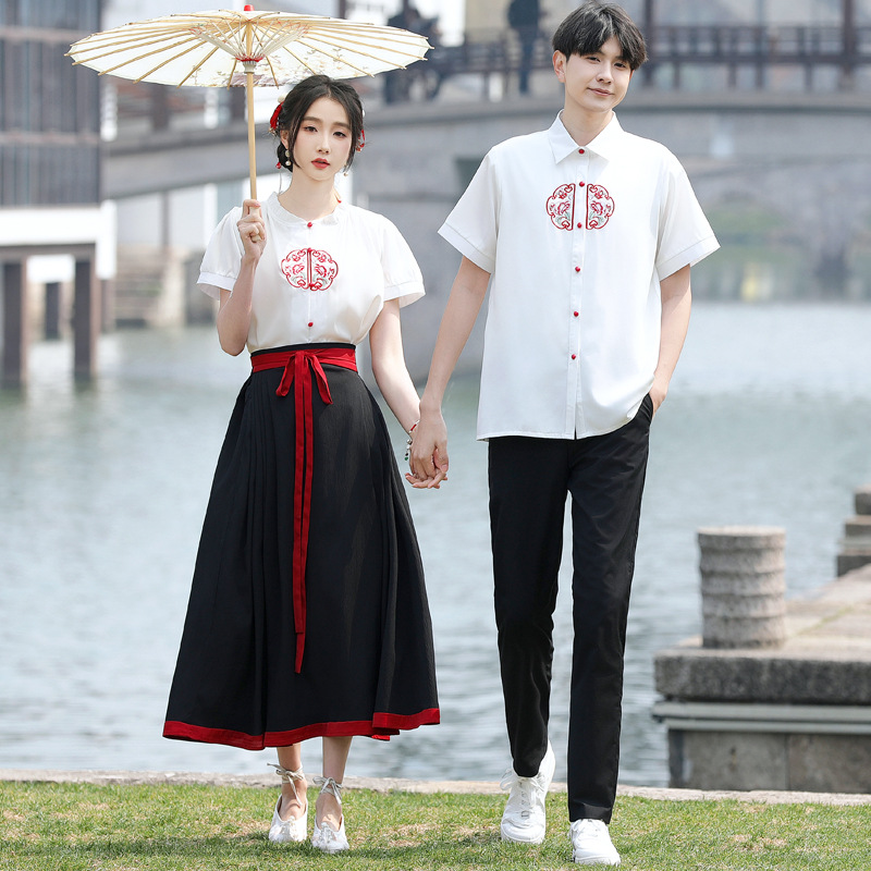 新中式马面裙情侣装改良绣花初中小学生班服套装合唱演出服舞台装