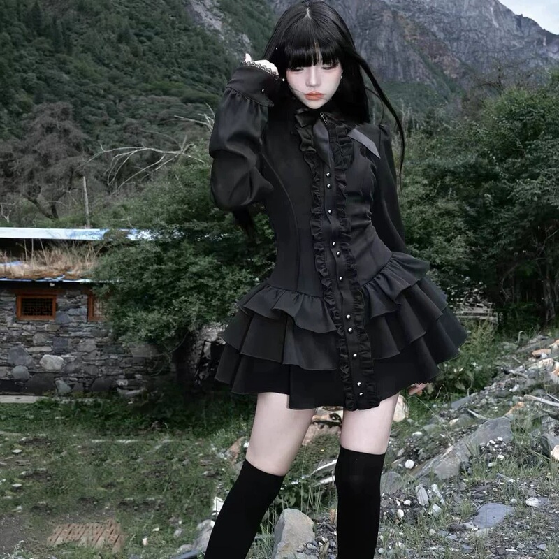 Gothic-style evening slim-fit black lace shirt dress, new spring/autumn collection, retro and elegant, with a cinched waist