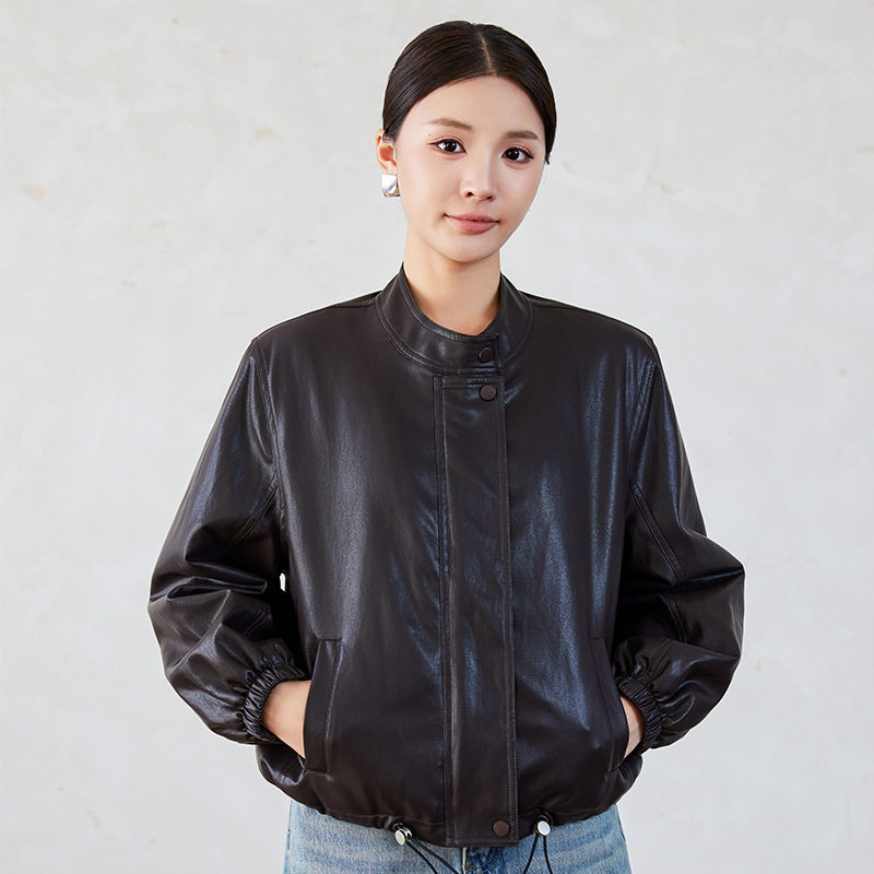 Áo khoác da nữ ngắn cổ đứng lót lông dày dặn — Cà phê đỏ với fleece dày, Màu đen Fleece dày chi tiết 11